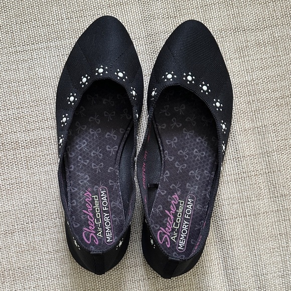 Skechers Stretch Fit Air Cooled Memory Foam Cleo Flat Black Dressy Floral Beaded - Picture 5 of 13